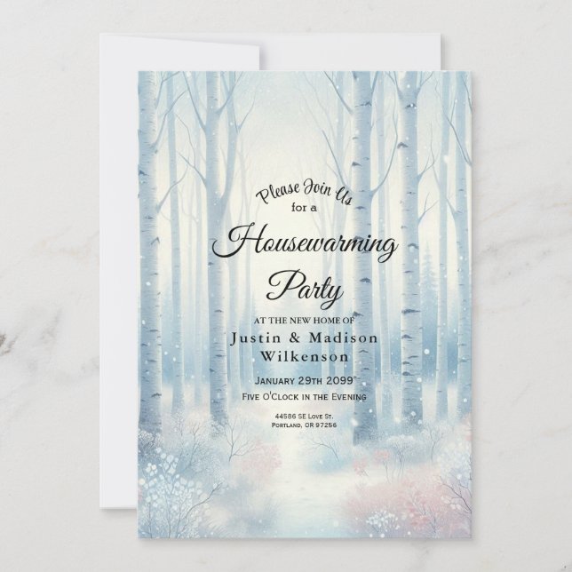 Convites  Frosted Blue Birch Forest Housewarming Party (Frente)