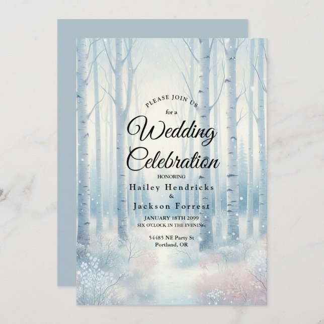 Convites Frosted Blue Birch Forest Wedding (Frente/Verso)