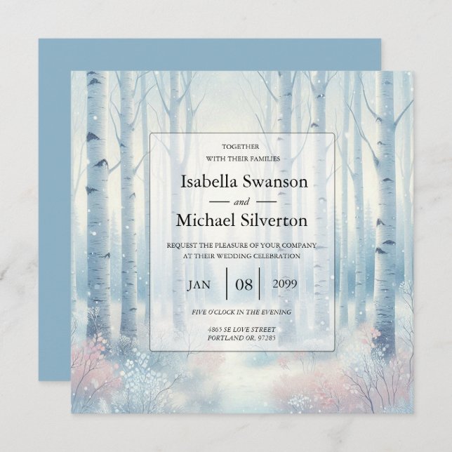 Convites Frosted Blue Birch Forest Wedding (Frente/Verso)