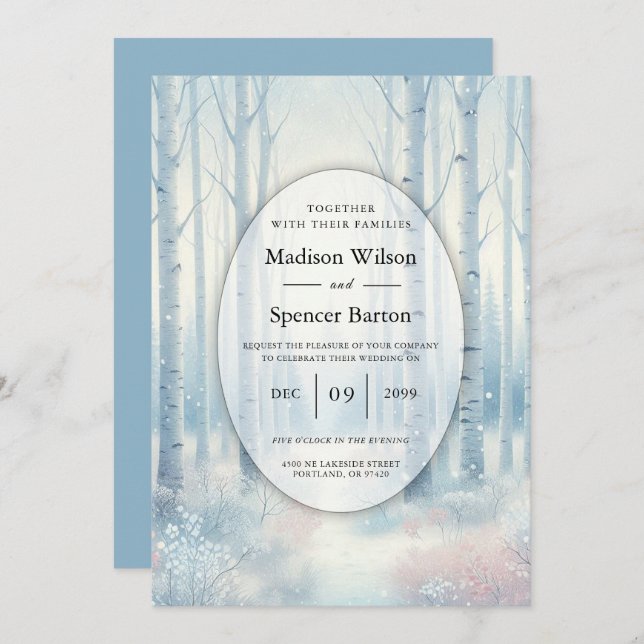 Convites Frosted Blue Birch Forest Wedding (Frente/Verso)