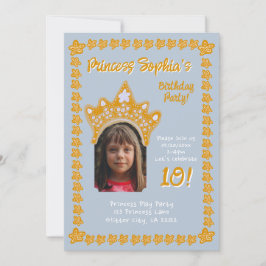 Convites Frosted Blue Princess Crown Floral Photo Birthday
