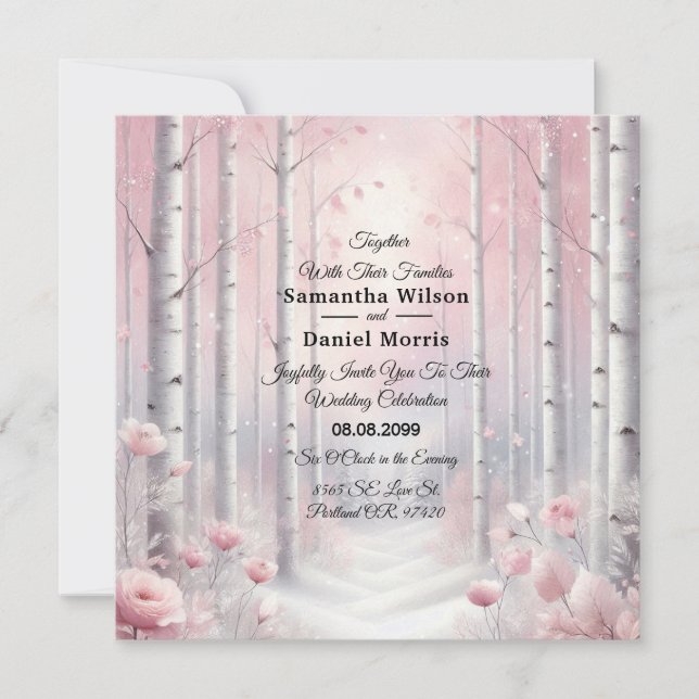 Convites Frosted Petals in a Winter Woodland Wedding (Frente)