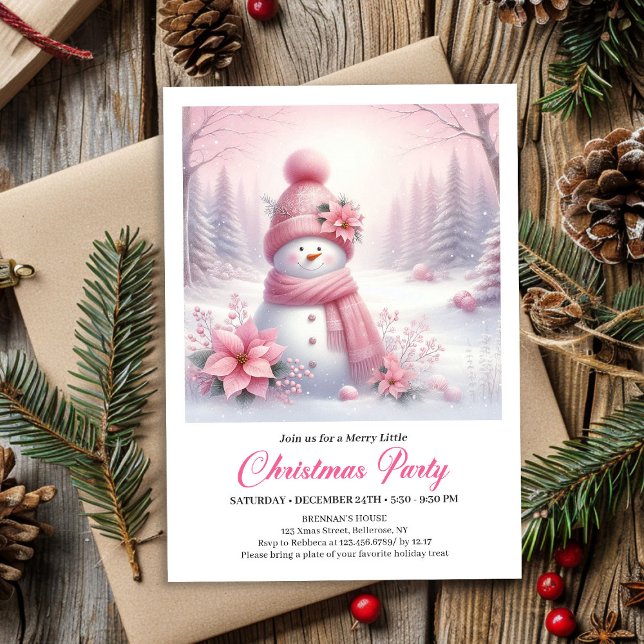 Convites Frosty Pink Coquette Boneco de Neve Digital Natal  (Frosty Pink Coquette Snowman Digital Christmas Kids Invite)