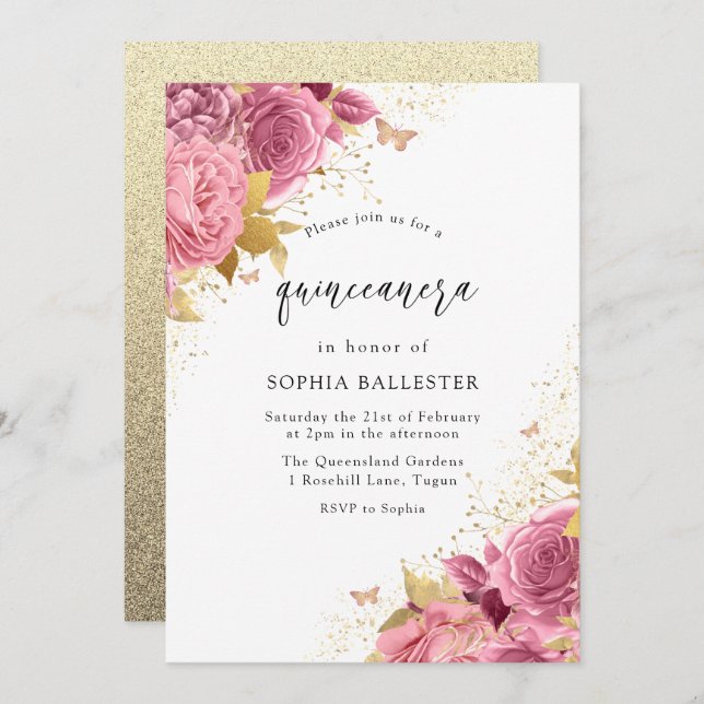 Convites Frotas Douradas de PInk com Blush Mágico Partido Q (Frente/Verso)