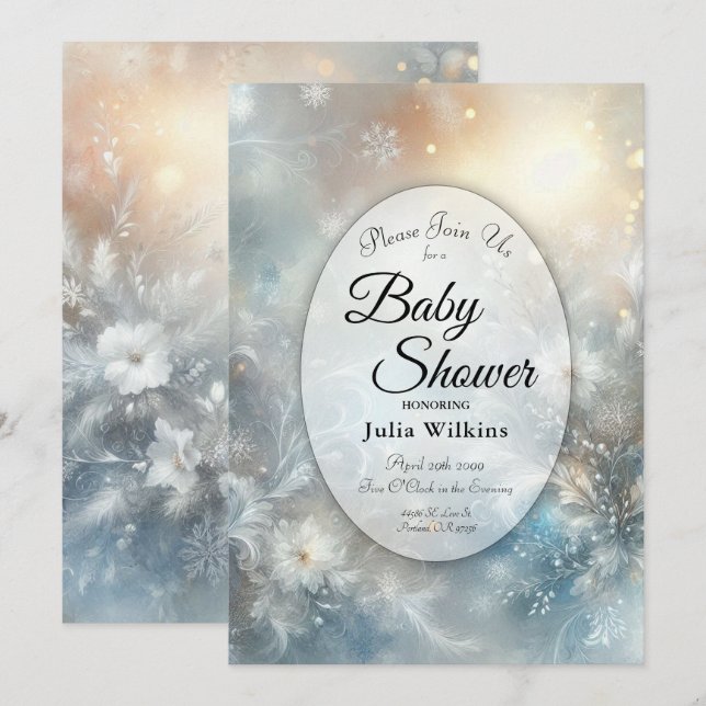 Convites Frozen Petals in a Golden Winter Mist Baby Shower (Frente/Verso)