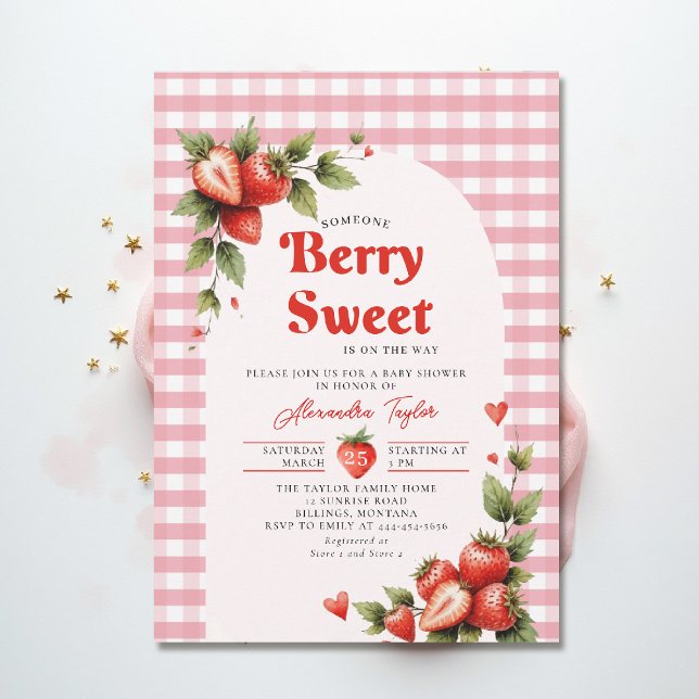 Convites Fruitas Doces Jardim de Gingham no Chá de Bebê (berry sweet baby shower invitation fruit theme strawberry watercolor summer garden cottagecore pink)