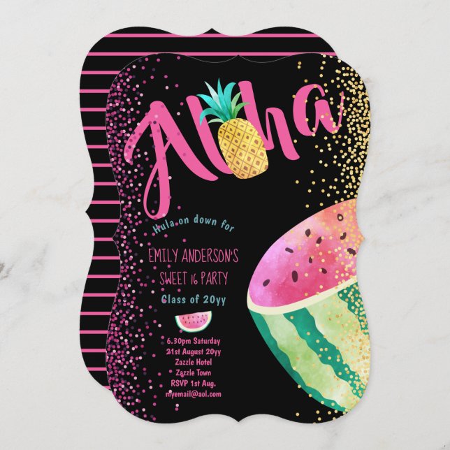 Convites Fruity Tropical Sweet 16 Convida Melon ALOHA (Frente/Verso)