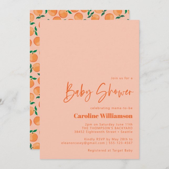 Convites Fruta de Laranjas de Verão Chá de fraldas rosa-d'á (Frente/Verso)