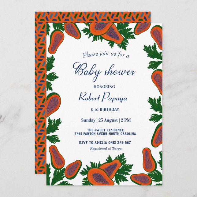 Convites Fruta doce de Papaya, Chá de fraldas verde de Verã (Frente/Verso)