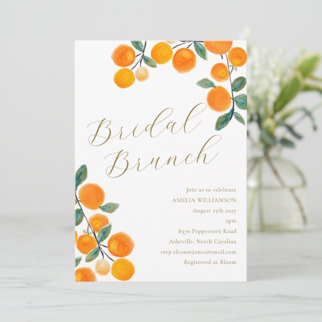 Convites Fruta Laranja Citrus Watercolor Bridal Brunch (Em pé/Frente)
