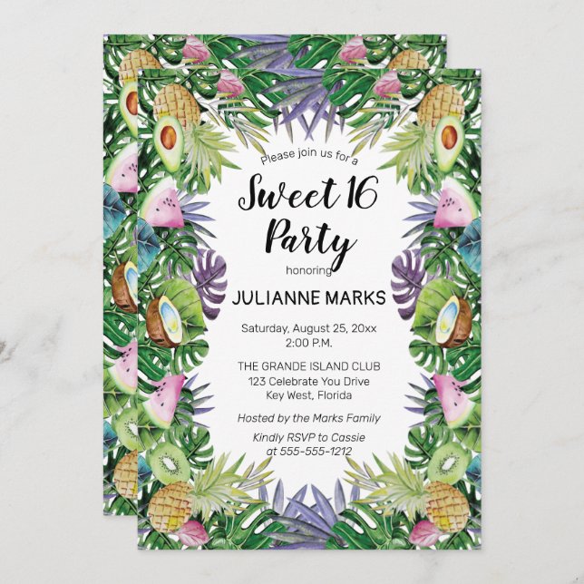Convites Fruta tropical| Greenery Summer Sweet 16 Party (Frente/Verso)