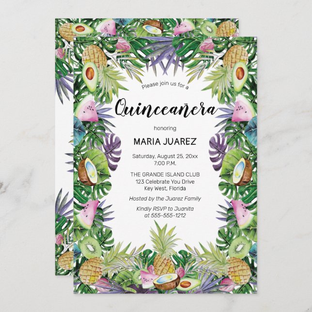 Convites Fruta tropical | Greenery Sunset Quinceañera (Frente/Verso)