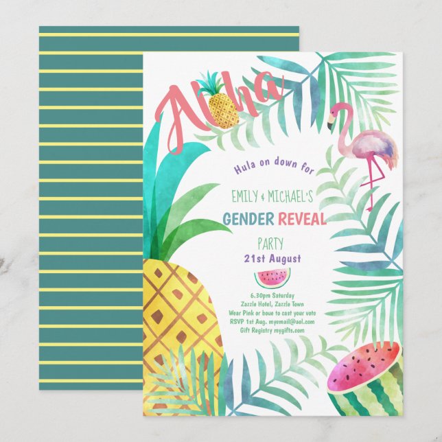 Convites Frutado Tropical GENDER REVEAL Convida Flamingo (Frente/Verso)