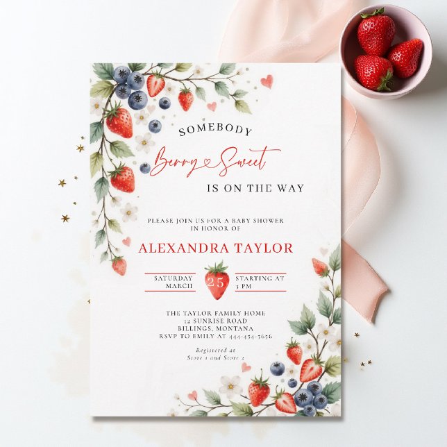 Convites Frutas Botânicas Doces como Frutas Chá de Bebê Vid (berry sweet baby shower invitation fruit theme strawberry berries watercolor spring summer)