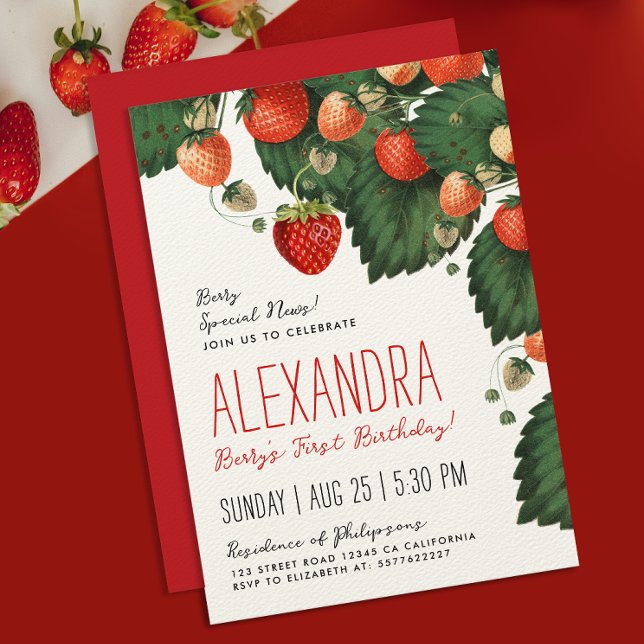 Convites Frutas Cute Vintage Red Strawberry Primeiro Botâni (Criador carregado)