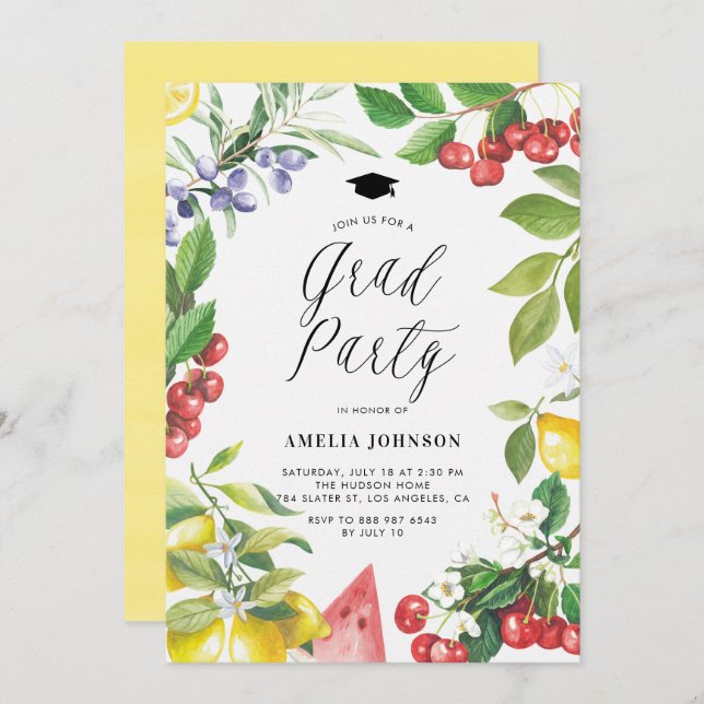 Convites Frutas de Verão de Aquarela Festa de formatura Flo (Frente/Verso)