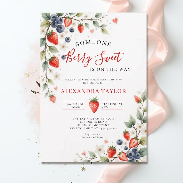 Convites Frutas Doces Vinhas Jardim Chá de Bebê (berry sweet baby shower invitation fruit strawberry theme watercolor summer garden cottagecore)