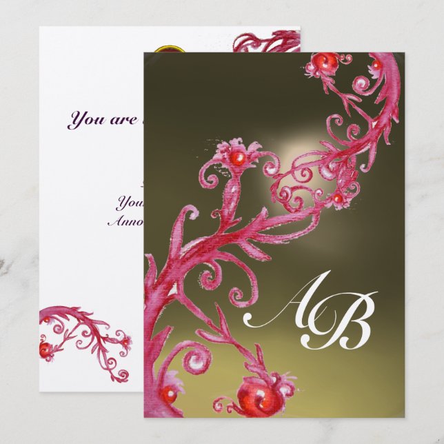Convites FRUTAS MÁGICAS 3,MONOGRAM dourado metálico rubi (Frente/Verso)