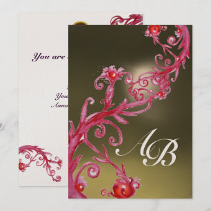 Convites FRUTAS MÁGICAS 3,MONOGRAM dourado metálico rubi