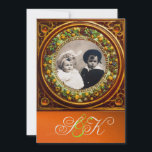 CONVITES FRUTAS RENASCENTISTAS FLORENTINAS DAMASCO MONOGRAM<br><div class="desc">Arte refinada e clássica, vibrante arte renascentista, obra-prima da Bottega della Robbia (Florença - Itália). Design de modelo de foto elegante e único em cores laranja, amarelo dourado, preto e verde com uma pedra preciosa 3D brilhante facilmente personalizável com seu texto e iniciais. Design artístico e sofisticado, fácil de personalizar...</div>