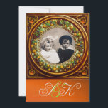 CONVITES FRUTAS RENASCENTISTAS FLORENTINAS DAMASCO MONOGRAM<br><div class="desc">Arte refinada e clássica, vibrante arte renascentista, obra-prima da Bottega della Robbia (Florença - Itália). Design de modelo de foto elegante e único em cores laranja, amarelo dourado, preto e verde com uma pedra preciosa 3D brilhante facilmente personalizável com seu texto e iniciais. Design artístico e sofisticado, fácil de personalizar...</div>