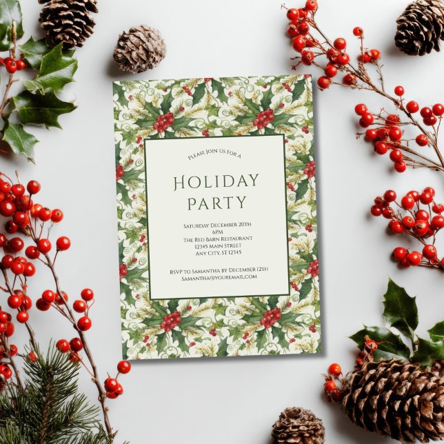 Convites Frutas Vermelhas Azevinho Verde Festa de Natal (Red Berries Holly leaves Christmas Holiday party invitation. Business Corporate. Printed or Digital)