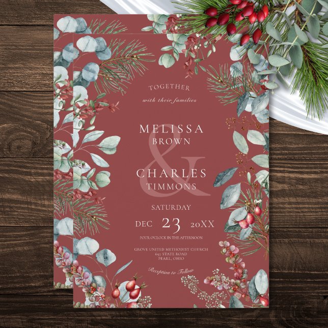 Convites Frutas Vermelhas de Pinheiro de Inverno Eucalipto  (Red Winter Pine Berries Eucalyptus Wedding Invitation)