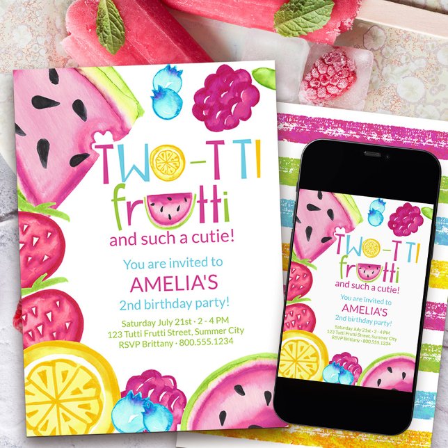 Convites Frutti de duas vezes, um aniversário de Fruta de V (Two-tti frutti such a cutie 2nd birthday invitation)
