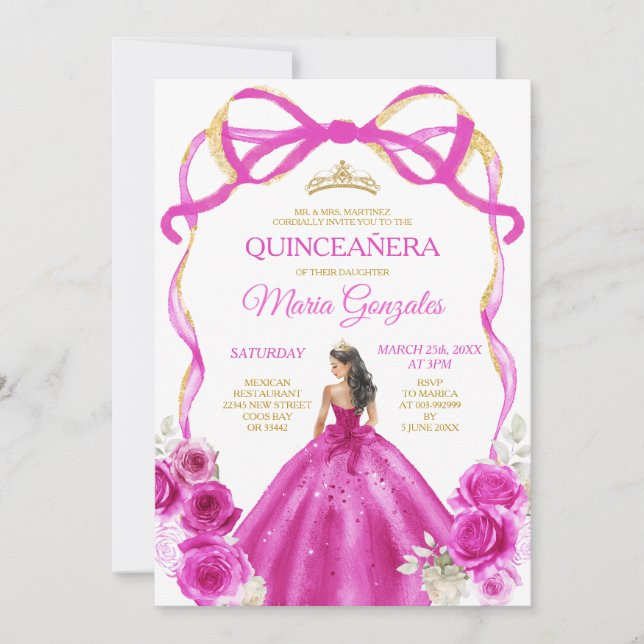 Convites Fuchsia Arco Rosa Princesa Dourada Quinceañera (Frente)