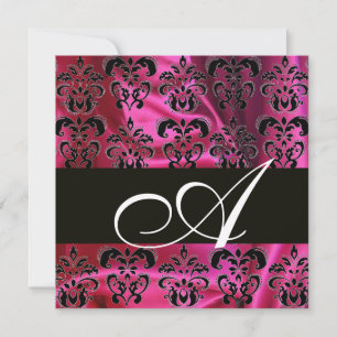 Convites FUCHSIA BLACK SILK DAMASK MONOGRAMA, branco