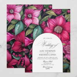 Convites Fuchsia, Casamento Floral Negro e Verde-Esmeralda