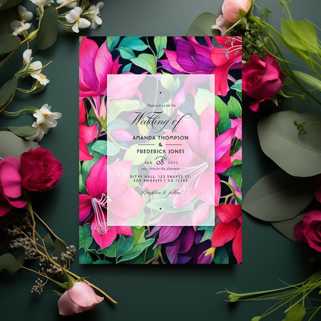 Convites Fuchsia, Casamento Floral Negro e Verde-Esmeralda (Criador carregado)