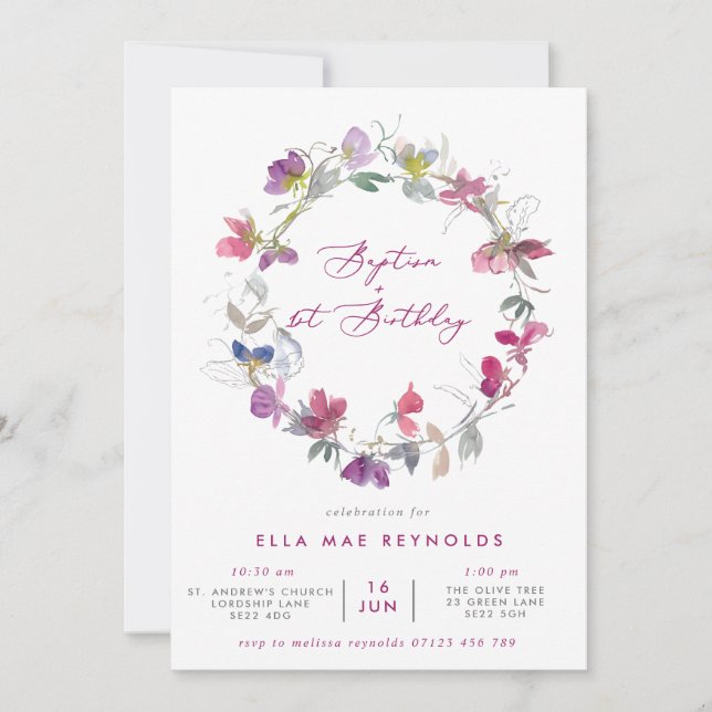 Convites Fuchsia, Doce Pera, Batismo E primeiro aniversario (Frente)