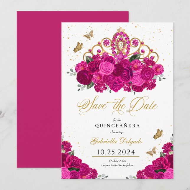 Convites Fuchsia & Dourada Tiara Salvem A Data Quinceañera (Frente/Verso)