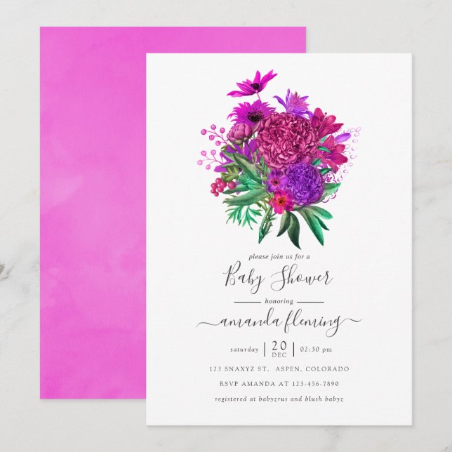 Convites Fuchsia e Chá de fraldas Floral Purple Shabby (Frente/Verso)