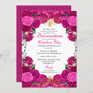 Convites Fuchsia e Quinceanera Floral Dourada Aniversário
