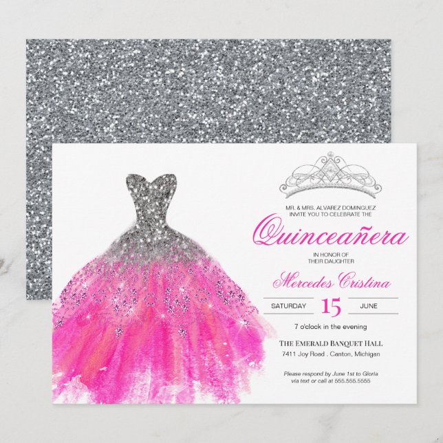 Convites Fuchsia e Silver Glitter Glam Gown Quinceañera (Frente/Verso)