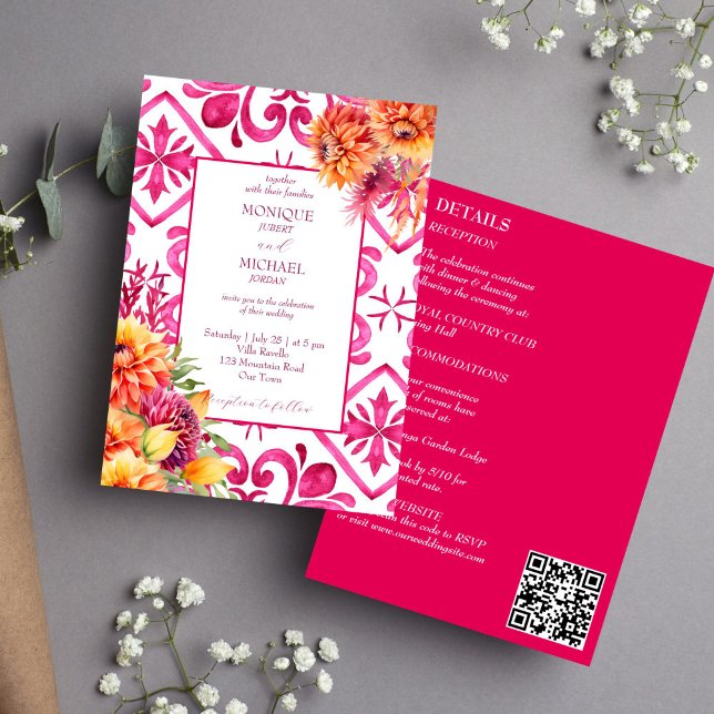 Convites Fuchsia Majolica azulejo dália laranja tudo em um (Fuchsia Majolica tiles orange dahlias all in one wedding editable template Invitation download)