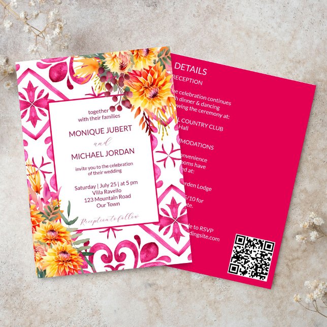 Convites Fuchsia Majolica azulejo dália laranja tudo em um (Fuchsia Majolica tiles orange dahlia all in one wedding template Invitation digital download simple)