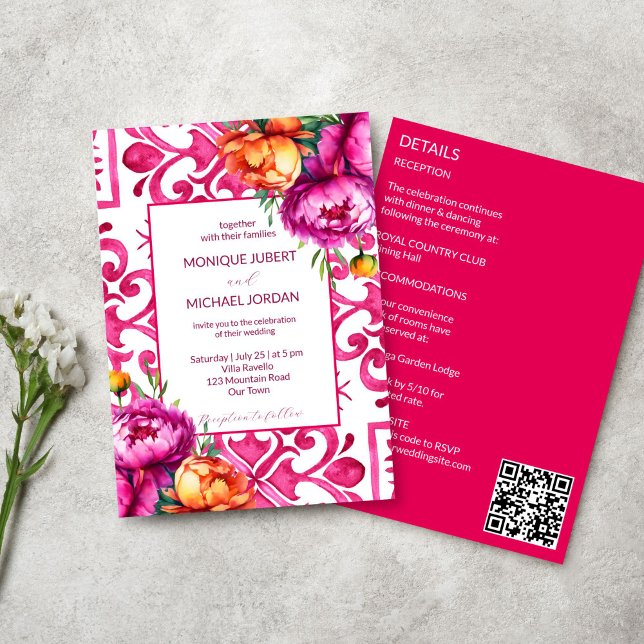 Convites Fuchsia Majolica azulejo peônias de laranja todas  (Fuchsia Majolica tiles orange pink peonies all in one wedding template Invitation digital download)