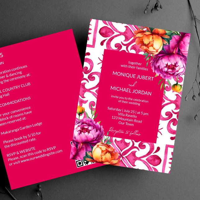 Convites Fuchsia Majolica azulejo peônias de laranja todas  (Fuchsia Majolica tiles orange peonies all in one template Invitation digital download QR RSVP detail)