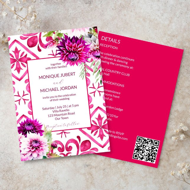 Convites Fuchsia Majolica azulejos magenta dahlia todas em  (Fuchsia Majolica tiles magenta dahlia all in one simple wedding template Invitation digital download)