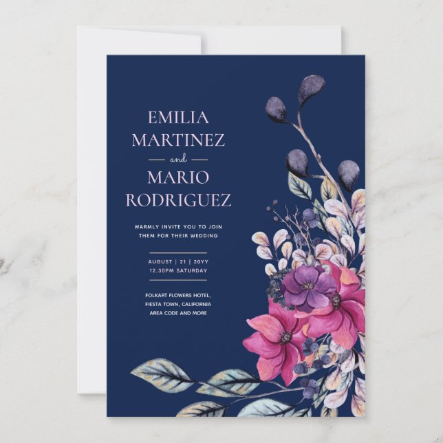 Convites Fuchsia Marinho Cor-de-rosa Casamento Floral Azul (Frente)
