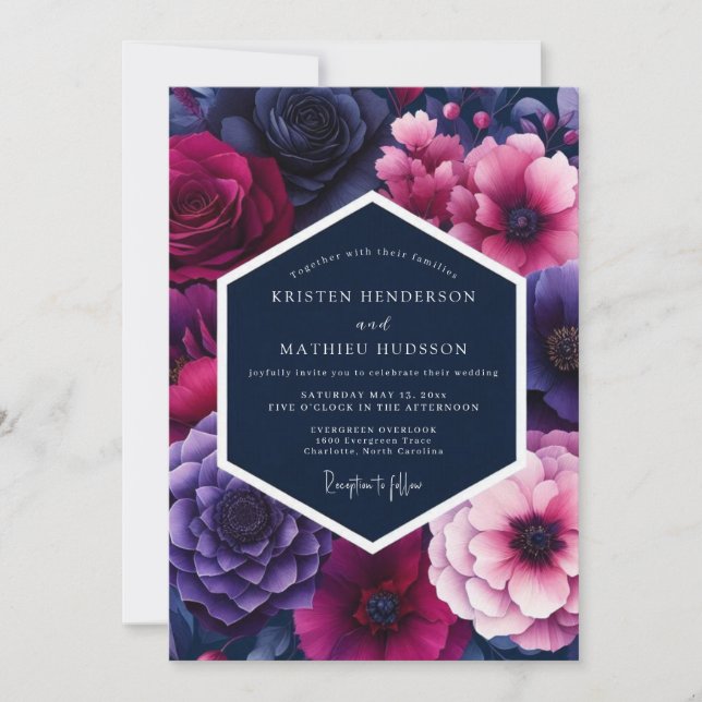 Convites Fuchsia Midnight Bloom Wedding (Frente)