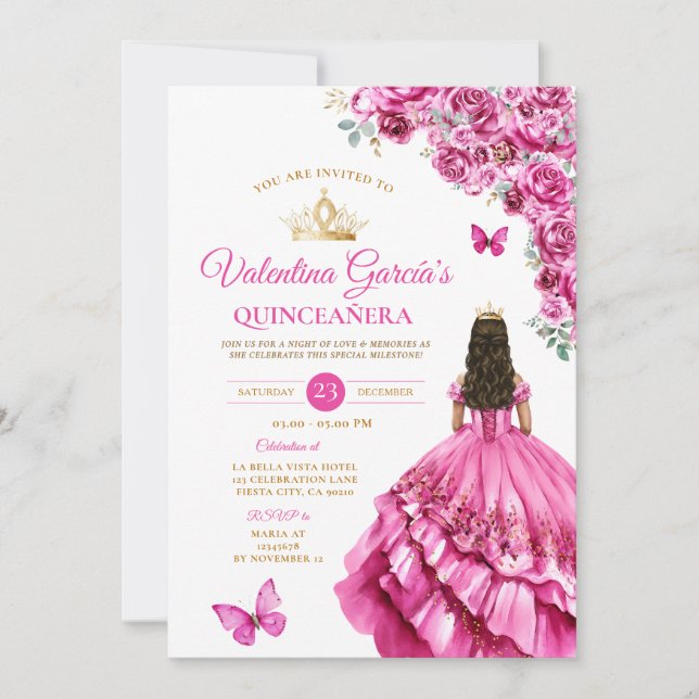 Convites Fuchsia Pink Dress Quinceañera 15 Anos Floral Gold (Frente)