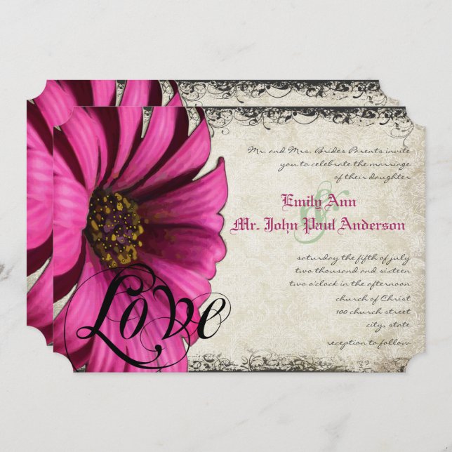 Convites Fuchsia Pink Gerber Daisy Wedding (Frente/Verso)