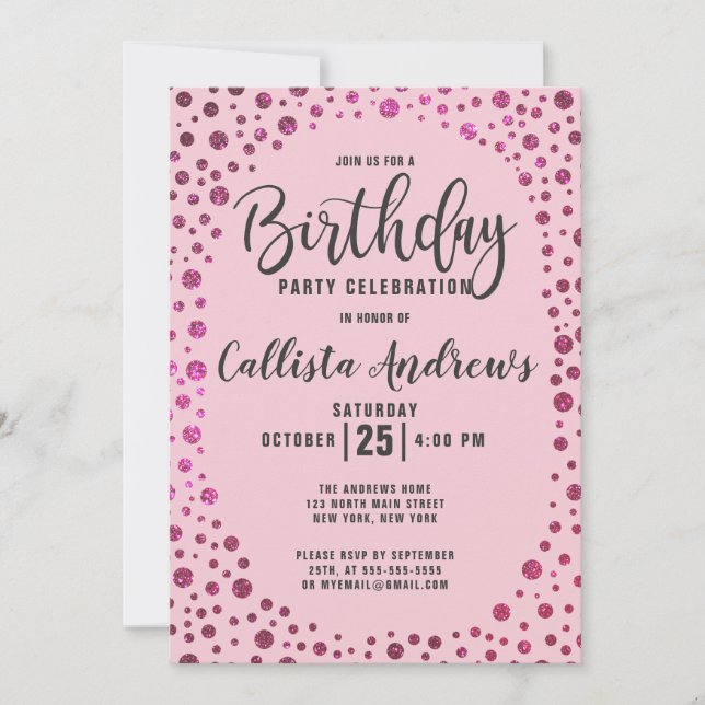 Convites Fuchsia Pink Glitter Confetti Border Birday (Frente)