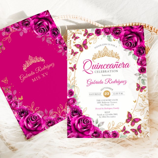 Convites Fuchsia Pink Gold Floral Quinceanera (Criador carregado)