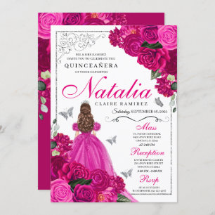 Convites Fuchsia Pink Prata Butterfly Quinceañera
