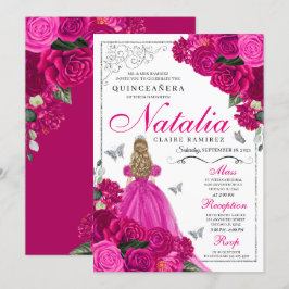 Convites Fuchsia Pink Prata Butterfly Quinceañera